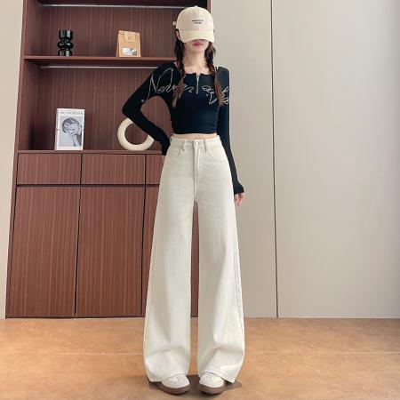 FA56687# 春季百搭米白窄版直筒阔腿裤女145CM娇小个子  服裝批發女裝批發服飾貨源