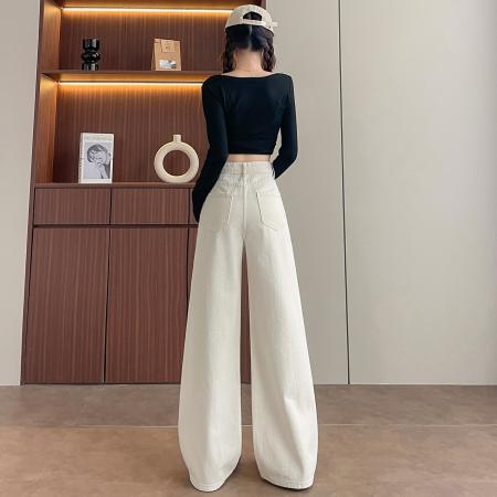 FA56687# 春季百搭米白窄版直筒阔腿裤女145CM娇小个子  服裝批發女裝批發服飾貨源