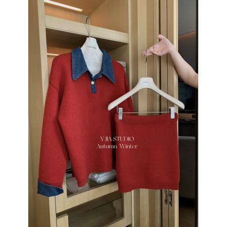 FA56688# 韩系时髦撞色牛仔拼接套装Polo领针织气质毛衣短裙两件套  服裝批發女裝批發服飾貨源