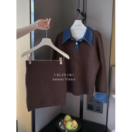 FA56688# 韩系时髦撞色牛仔拼接套装Polo领针织气质毛衣短裙两件套  服裝批發女裝批發服飾貨源