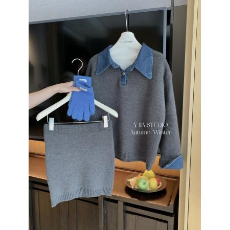 FA56688# 韩系时髦撞色牛仔拼接套装Polo领针织气质毛衣短裙两件套  服裝批發女裝批發服飾貨源