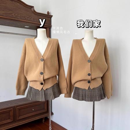FA56689# 藤校学院风套装卡其针织开衫外套毛衣复古百褶半裙两件套  服裝批發女裝批發服飾貨源