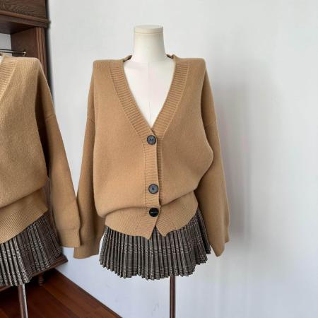 FA56689# 藤校学院风套装卡其针织开衫外套毛衣复古百褶半裙两件套  服裝批發女裝批發服飾貨源