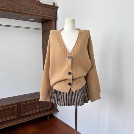 FA56689# 藤校学院风套装卡其针织开衫外套毛衣复古百褶半裙两件套  服裝批發女裝批發服飾貨源