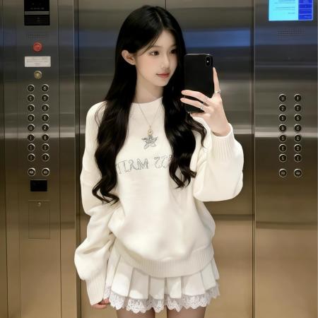 FA56690# 圆领毛衣春秋新款高级感气质刺绣修身显瘦套头针织衫  服裝批發女裝批發服飾貨源