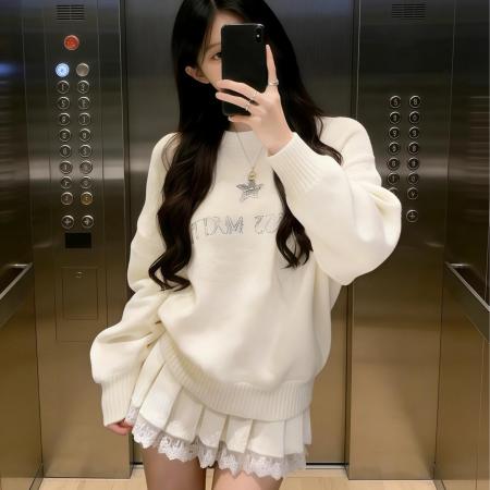 FA56690# 圆领毛衣春秋新款高级感气质刺绣修身显瘦套头针织衫  服裝批發女裝批發服飾貨源