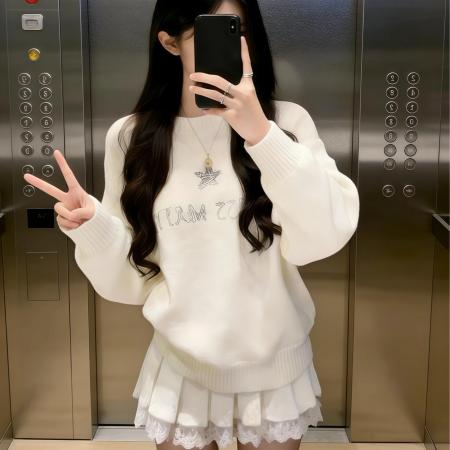 FA56690# 圆领毛衣春秋新款高级感气质刺绣修身显瘦套头针织衫  服裝批發女裝批發服飾貨源