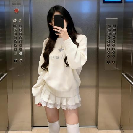 FA56690# 圆领毛衣春秋新款高级感气质刺绣修身显瘦套头针织衫  服裝批發女裝批發服飾貨源