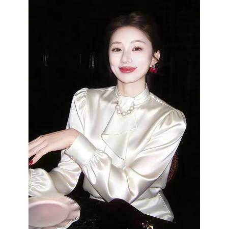 FA56692# 流行重要场合小众不撞款上衣轻奢高级感米色缎面衬衫女  服裝批發女裝批發服飾貨源