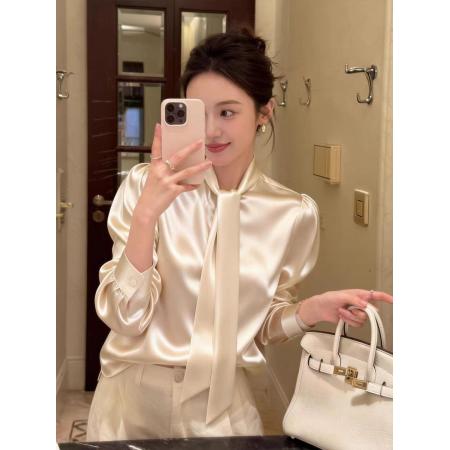 FA56693# 法式气质白色蝴蝶结雪纺衬衫女春季新款立体花朵系带洋气上衣  服裝批發女裝批發服飾貨源