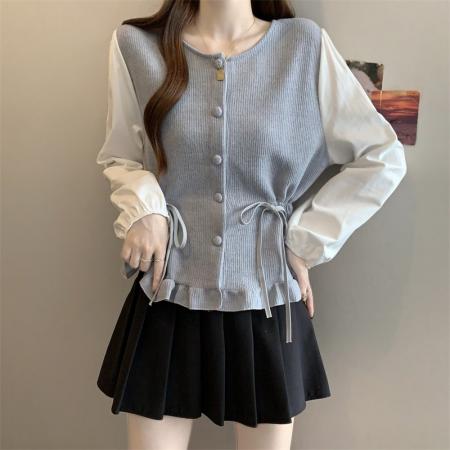 FA56697# 设计感正肩系带假两件长袖衬衫女大码胖MM收腰遮肚子气质百搭上衣  服裝批發女裝批發服飾貨源