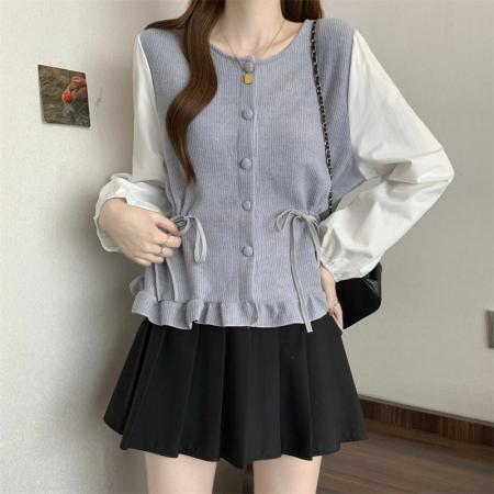 FA56697# 设计感正肩系带假两件长袖衬衫女大码胖MM收腰遮肚子气质百搭上衣  服裝批發女裝批發服飾貨源