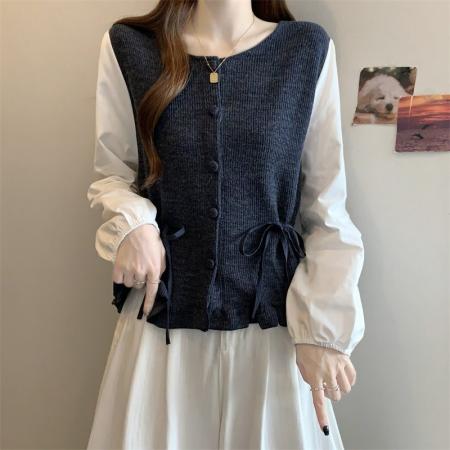 FA56697# 设计感正肩系带假两件长袖衬衫女大码胖MM收腰遮肚子气质百搭上衣  服裝批發女裝批發服飾貨源