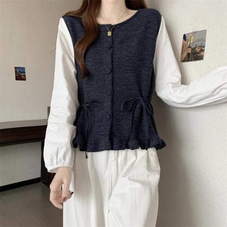 FA56697# 设计感正肩系带假两件长袖衬衫女大码胖MM收腰遮肚子气质百搭上衣  服裝批發女裝批發服飾貨源