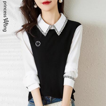 FA56698# 小香风织带翻领衬衫女设计感小众新款春季法式假两件打底上衣  服裝批發女裝批發服飾貨源