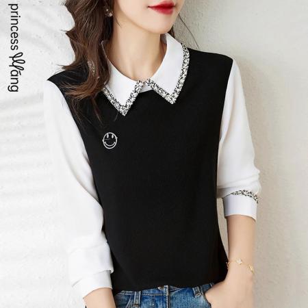 FA56698# 小香风织带翻领衬衫女设计感小众新款春季法式假两件打底上衣  服裝批發女裝批發服飾貨源