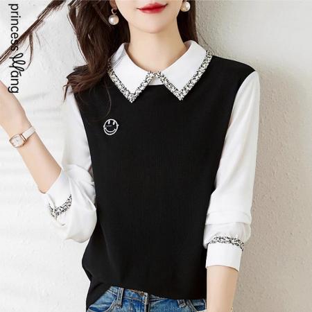 FA56698# 小香风织带翻领衬衫女设计感小众新款春季法式假两件打底上衣  服裝批發女裝批發服飾貨源