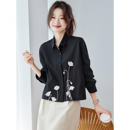 FA56699# 洋气别致漂亮刺绣衬衫上衣女新款春秋长袖小个子短款高腰衬衣  服裝批發女裝批發服飾貨源