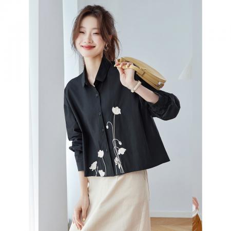 FA56699# 洋气别致漂亮刺绣衬衫上衣女新款春秋长袖小个子短款高腰衬衣  服裝批發女裝批發服飾貨源