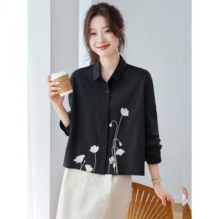 FA56699# 洋气别致漂亮刺绣衬衫上衣女新款春秋长袖小个子短款高腰衬衣  服裝批發女裝批發服飾貨源