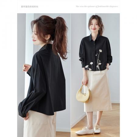 FA56699# 洋气别致漂亮刺绣衬衫上衣女新款春秋长袖小个子短款高腰衬衣  服裝批發女裝批發服飾貨源