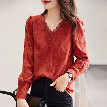 FA56701# 长袖T恤女士轻奢高级感蕾丝打底衫流行爆款洋气小衫上衣  服裝批發女裝批發服飾貨源