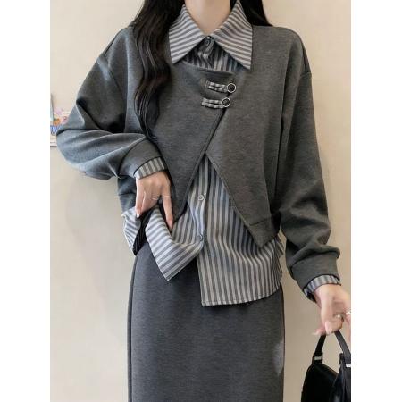 FA56703# 大码女装遮肚子设计感假两件卫衣女春秋胖妹妹显瘦POLO领长袖上衣  服裝批發女裝批發服飾貨源