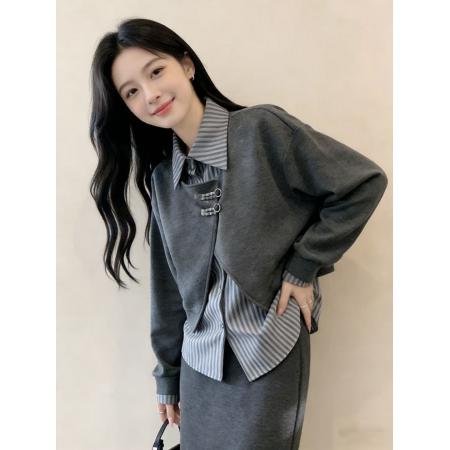 FA56703# 大码女装遮肚子设计感假两件卫衣女春秋胖妹妹显瘦POLO领长袖上衣  服裝批發女裝批發服飾貨源