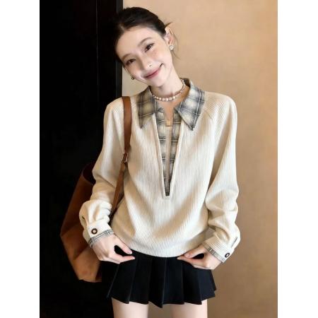 FA56704# 假两件格子拼接polo领长袖卫衣女春季季大码宽松套头上衣  服裝批發女裝批發服飾貨源