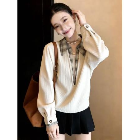 FA56704# 假两件格子拼接polo领长袖卫衣女春季季大码宽松套头上衣  服裝批發女裝批發服飾貨源