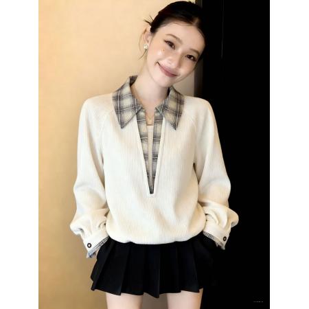 FA56704# 假两件格子拼接polo领长袖卫衣女春季季大码宽松套头上衣  服裝批發女裝批發服飾貨源