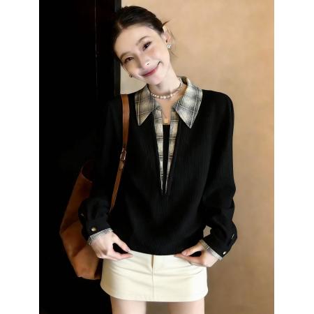 FA56704# 假两件格子拼接polo领长袖卫衣女春季季大码宽松套头上衣  服裝批發女裝批發服飾貨源