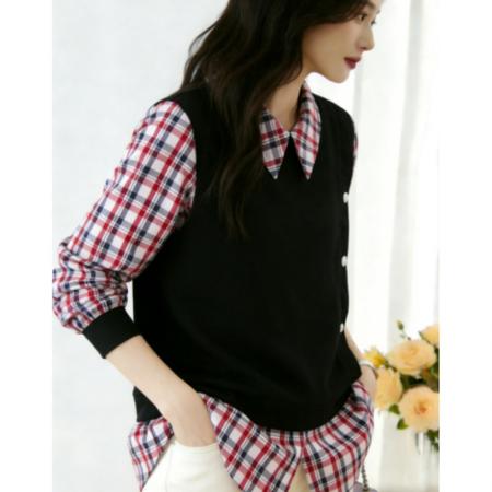 FA56706# 假两件衬衫女长袖春秋季新款时尚格子上衣拼接洋气衬衣  服裝批發女裝批發服飾貨源