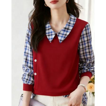 FA56706# 假两件衬衫女长袖春秋季新款时尚格子上衣拼接洋气衬衣  服裝批發女裝批發服飾貨源