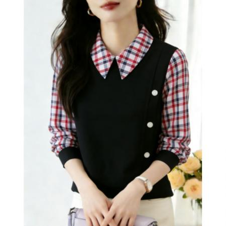 FA56706# 假两件衬衫女长袖春秋季新款时尚格子上衣拼接洋气衬衣  服裝批發女裝批發服飾貨源