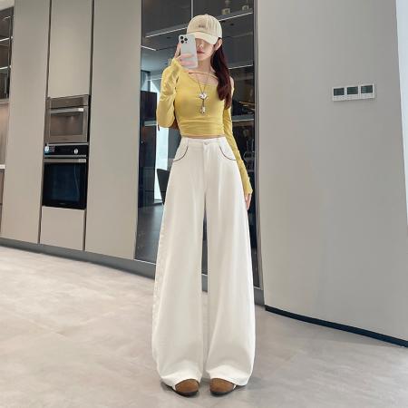 FA56707# 浅色阔腿牛仔裤女春季新款宽松时尚设计感超火直筒拖地裤  服裝批發女裝批發服飾貨源