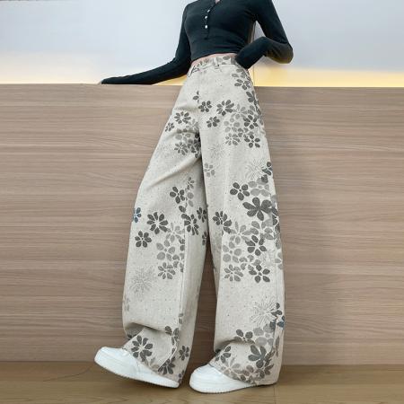 FA56708# 灰色提花烫钻阔腿牛仔裤女2026春季新款时尚百搭拖地弯刀裤子  服裝批發女裝批發服飾貨源