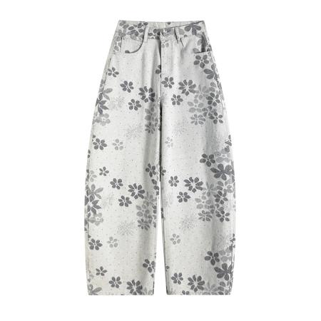 FA56708# 灰色提花烫钻阔腿牛仔裤女2026春季新款时尚百搭拖地弯刀裤子  服裝批發女裝批發服飾貨源