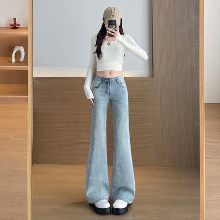 FA56709# 闪钻微喇叭牛仔裤女2026春新款高腰显瘦百搭高级感拖地微喇裤  服裝批發女裝批發服飾貨源