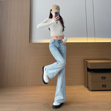 FA56709# 闪钻微喇叭牛仔裤女2026春新款高腰显瘦百搭高级感拖地微喇裤  服裝批發女裝批發服飾貨源