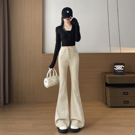 FA56710# 闪钻微喇叭牛仔裤女春新款高腰显瘦百搭高级感拖地微喇裤  服裝批發女裝批發服飾貨源