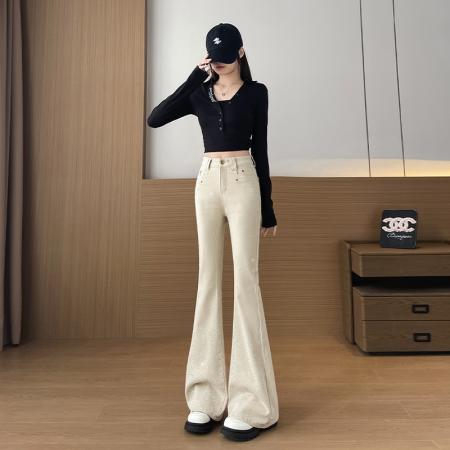 FA56710# 闪钻微喇叭牛仔裤女春新款高腰显瘦百搭高级感拖地微喇裤  服裝批發女裝批發服飾貨源