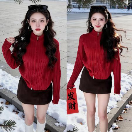 FA56711# 新年穿搭巨好看冬装一整套裙女新款红色加厚毛衣开衫短裙套装  服裝批發女裝批發服飾貨源