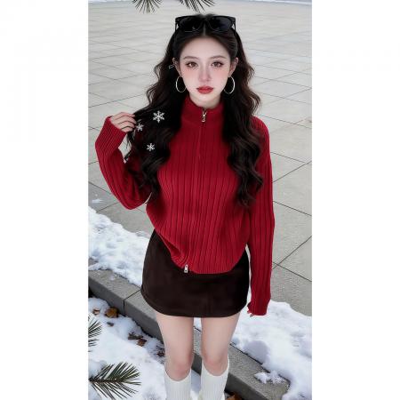 FA56711# 新年穿搭巨好看冬装一整套裙女新款红色加厚毛衣开衫短裙套装  服裝批發女裝批發服飾貨源