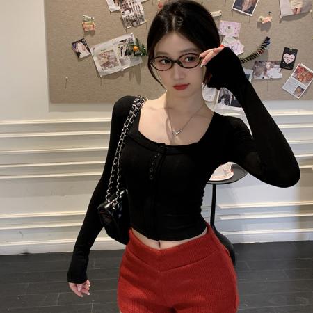 FA56712# 仿棉方领辣妹纯欲风短款春秋长袖T恤女修身内搭上衣  服裝批發女裝批發服飾貨源