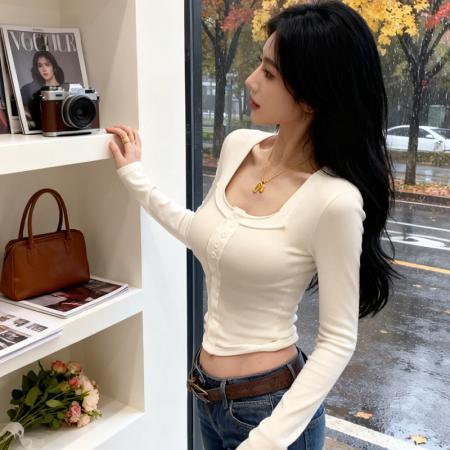 FA56712# 仿棉方领辣妹纯欲风短款春秋长袖T恤女修身内搭上衣  服裝批發女裝批發服飾貨源