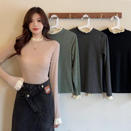 FA56713# 原版做法羊毛绒打底衫半高领秋冬新款长袖t恤蕾丝内搭女  服裝批發女裝批發服飾貨源