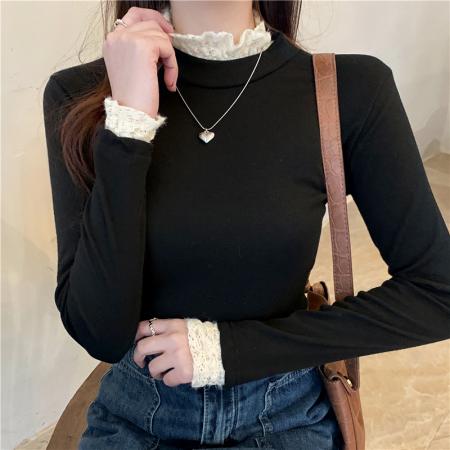 FA56713# 原版做法羊毛绒打底衫半高领秋冬新款长袖t恤蕾丝内搭女  服裝批發女裝批發服飾貨源