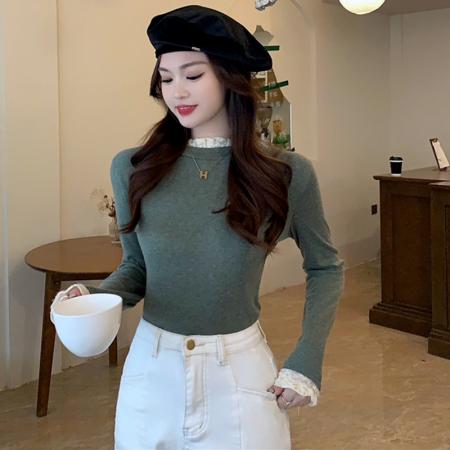 FA56713# 原版做法羊毛绒打底衫半高领秋冬新款长袖t恤蕾丝内搭女  服裝批發女裝批發服飾貨源