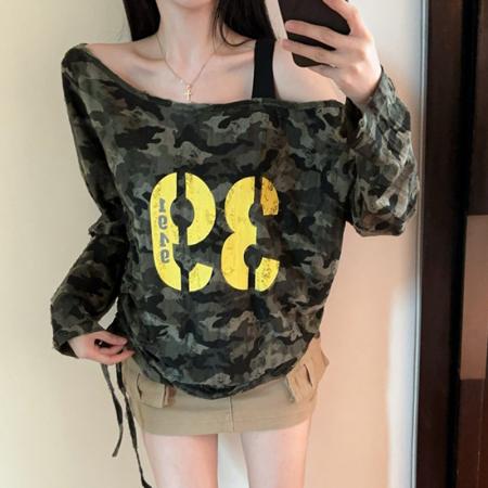FA56714# 春秋废土风辣妹迷彩字母长袖T恤女抽绳绑带露肩显瘦上衣  服裝批發女裝批發服飾貨源